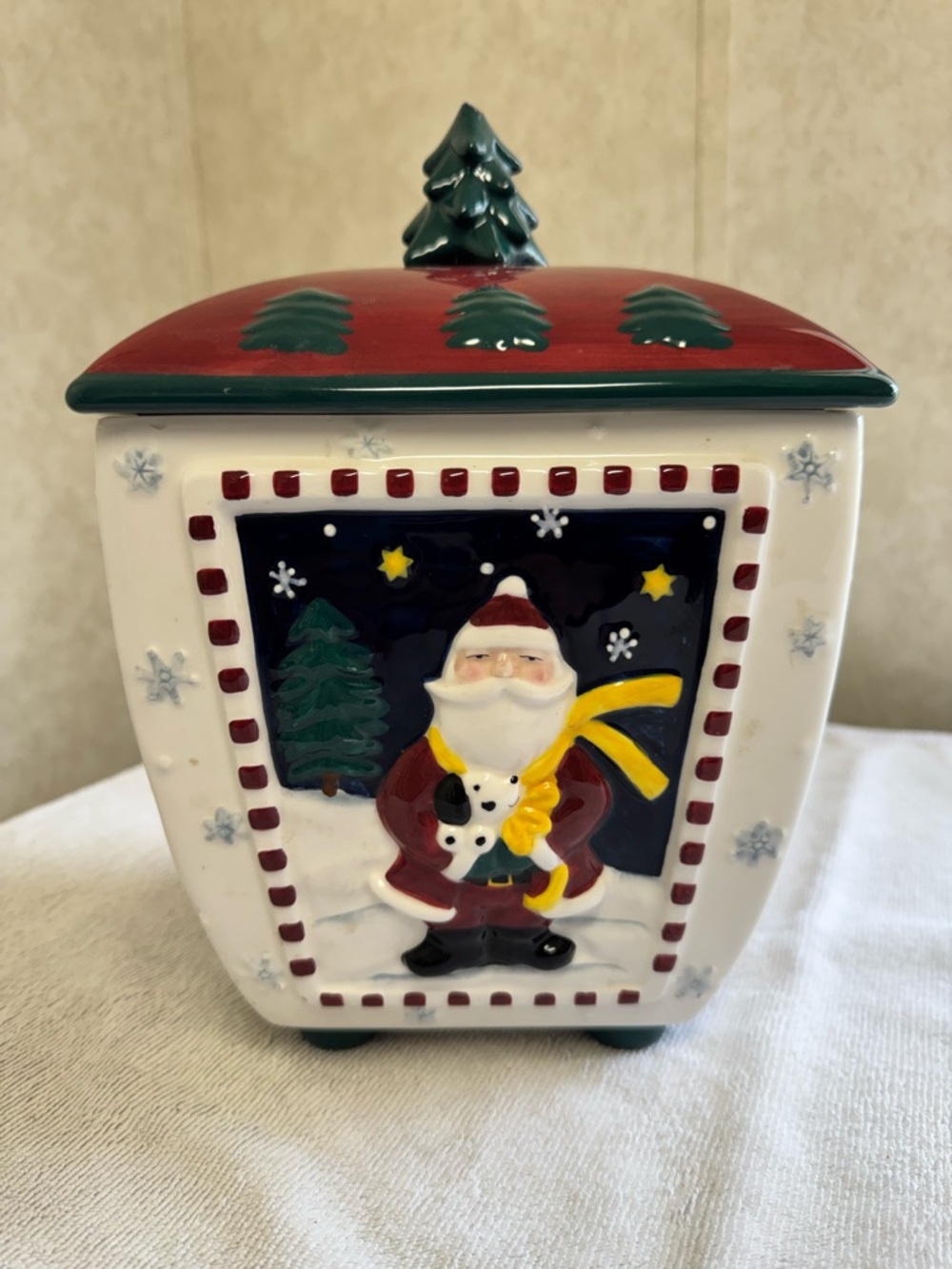 Festive Santa Ceramic Treat Jar - White, Red, Green, Yellow